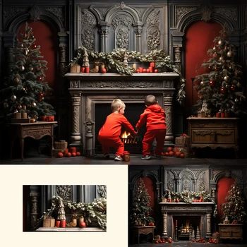 Kalėdų Raudona Gyvenamasis Kambarys Su Židiniu Fone Vaikams Suaugusiųjų Fotografijos Vaikas, Kūdikis, Photocall Dekoro Retro Kalėdos Namas Fone