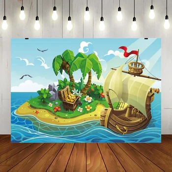 Animacinių filmų Piratų Laivas Atogrąžų Salos Lobis Aukso fone fotografavimas Vaikų arbatėlė Kambario tapetai Vaikų Dienos rekvizitai