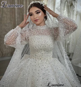 2023 Prabangių Perlų Vestuvių Suknelės Su Kristalais Ilgomis Rankovėmis Elegantiškas Vestuvių Suknelės Musulmonų Vestuvinės Suknelės Vestido De Casamento