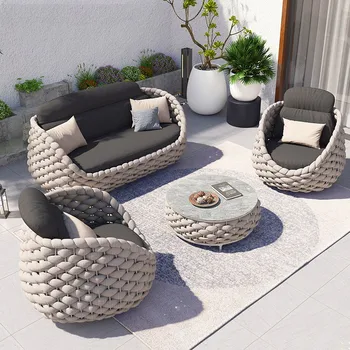 Lauko sofos villa balkonas rotango kėdė, žurnalinis staliukas, baldai kartu gryname ore, atsparus vandeniui ir saulės rotango audimas