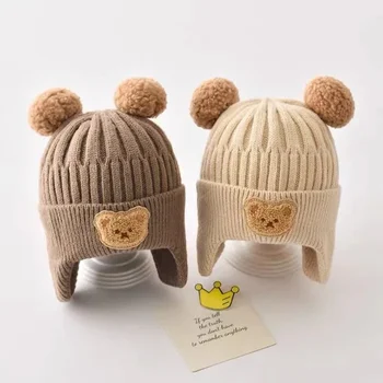 Naujas Baby Bear Kūdikiui Rudenį ir žiemą pliušinis vilnos megztinis mielas animacinių filmų megzti šiltas ausies bžūp sutirštės