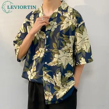 Vasaros Ledo Šilko Havajų Paplūdimyje Palaidinė vyriški trumpomis Rankovėmis Viršūnes High Street Gėlių Spausdinti Marškinėliai Universalus Prarasti Pora Streetwear