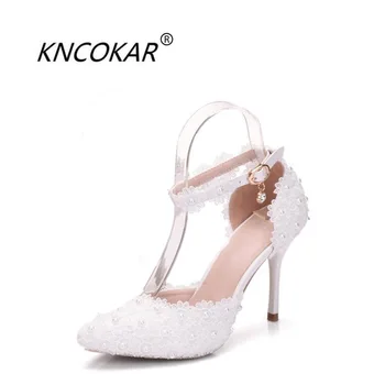KNCOKAR Naujas Mados balta nėrinių gėlių vestuvių batai žodį apyrankę su nuotaka batai ir smailianosiai batai dydis 34-41
