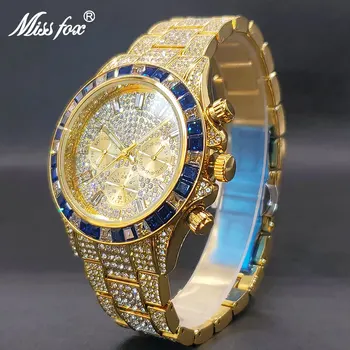 Aukso Vyrai Žiūrėti Su Dark Blue Diamond Bezel Šalta Kvarciniai Laikrodžiai Žmogui Hip-Hop Chronograph Kalendorius Laikrodžius Dropshipping