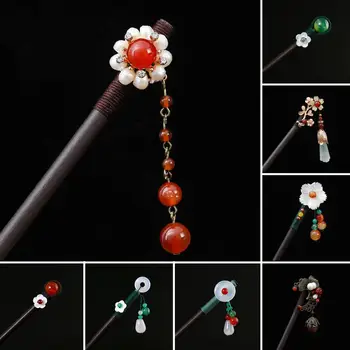 Karoliukai Gėlių Dekoras Kutas Lady Plaukų Stick Dirbtiniais Perlais Kalnų Krištolas Elegantiška Vintage Medienos Kinijos Plaukų Lazdelėmis Plaukų Aksesuarai