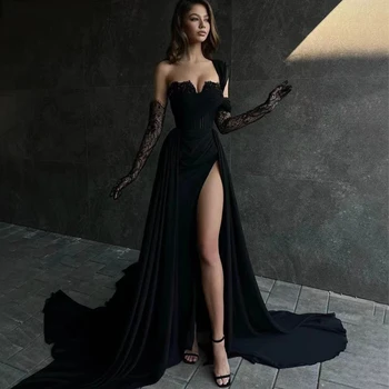 Elegantiška Juoda Satino Undinė Prom Dresses Vienos Pečių Moteris Pirštines Vestuves Chalatai 2023 Seksualus Aukštos Ritininės Vakaro Suknelės