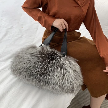 Naujas mados fox fur žolės krepšys moterims su pirmojo sluoksnio odos karvės odos tikro kailio maišelis yra populiarus, ir rudenį, ir žiemą