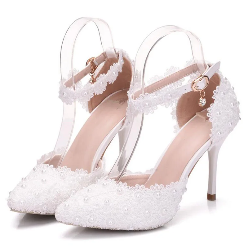 KNCOKAR Naujas Mados balta nėrinių gėlių vestuvių batai žodį apyrankę su nuotaka batai ir smailianosiai batai dydis 34-41 - 4