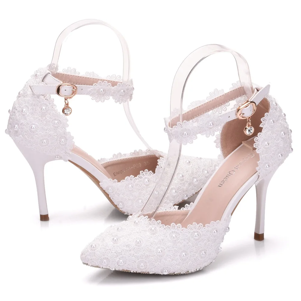 KNCOKAR Naujas Mados balta nėrinių gėlių vestuvių batai žodį apyrankę su nuotaka batai ir smailianosiai batai dydis 34-41 - 5